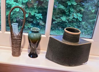 MCM Decor - Beautiful Ceramic Drip Vase, Stoneware Vase & Glass Stem Vase In Basket Holder