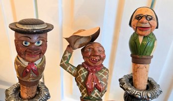 Set Of 3 Vintage Folk Art ANRI Inspired Hand Carved Figural Head Mechanical Bottle Stoppers