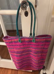 Bright Pink Felted Wool Sweater Knit Tote Bag With Teal Leather Handles - Similar To Teotitlan Aztec Style