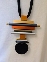 Christina Brampti Contemporary Stacked Geometric Aluminum And Wood Block Necklace On A Long Knit Style Chain