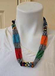 2 Bright Colored Beaded Necklaces - 1 Green Agate Graduated Riviere & 1 Multi-strand African Zulu Seed Bead