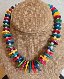 Bohemian Colorful Wood Disk Necklace With Tiny White Spacer Beads