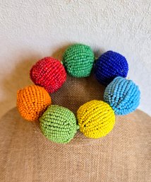 Oversized Hand Beaded African Inspired Seed Bead Pom-pom Elastic Bracelet