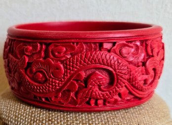 Boho Vintage Carved Red Cinnabar Dragon Wide Bangle Bracelet