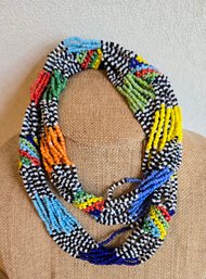 African Zulu Hand Beaded Multi-strand Color Block Seed Bead Necklace