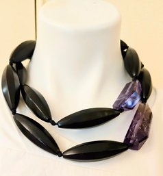 Large Faceted Oval Black Onyx Mega Bead Necklace With Huge Amethyst Crystal Accents