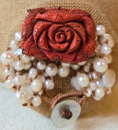 Vintage Hand Carved Resin Rose Flower And Natural Pearl Cluster Bracelet Knotted With Silk And Abalone Toggle