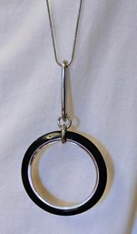 Chico's Long Enamel Ring Pendant Necklace With Silver Trim And Chain