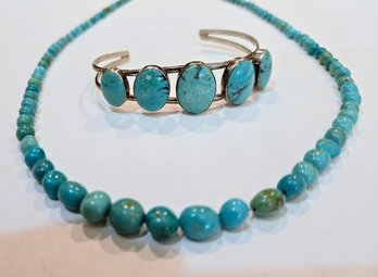 Turquoise And Sterling Bracelet And Matching Beaded Riviere Necklace