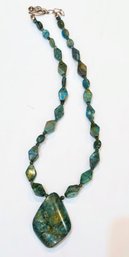 A Gorgeous Blue-green Ajoite And Papagoite Beaded Necklace With Silver Hook Chain Clasp