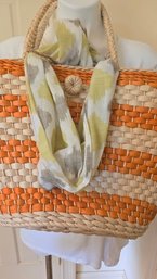 Pretty Batik Print Lightweight Scarf With A J. Crew  Orange Striped Woven Tote Bag Fully Lined!