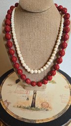 Hand Carved Cinnabar And Natural Ivory Stone Beaded Necklaces