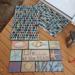 3 Outdoor Door Mats - Life Is Better At The Beach Theme & Colorful Woven Pattern