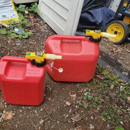 Two Red Plastic No Spill, Inc Gasoline Containers.  5.0 & 2.5 Gallon Capacities.      Yard Bin