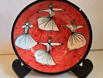 Vintage Kocadag Turkey Art Pottery With Swirling Dervish Dancers In Red & White