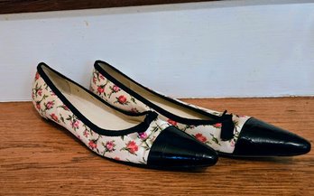 PRADA Floral Ballet Flats With Patent Leather Reinforced Toe And Piping - Size 38.5