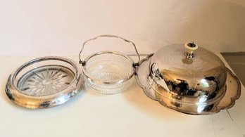 Silverplate Table Collection - Dome Top Covered Bowl With Petal Edge, Cut Crystal Candy Dish And Wine Holder