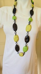 Long Polished Enamel And Wood Necklace With Burnished Metal Links - Similar To River Stones!