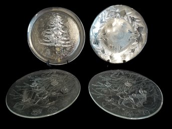 Four Vintage Round Clear Etched Glass Christmas Holiday Platters