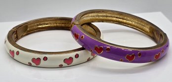 Adorable Goldtone Purple & White Enameled Hearts Bangle Bracelets