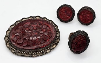 Vintage Chinese Cinnabar Brooch, Earrings & Ring Set