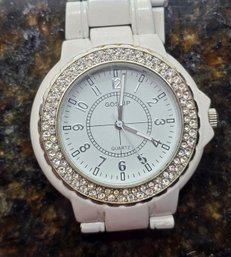 Vintage Gossip White Metal & Rhinestone Studded Quartz Wristwatch