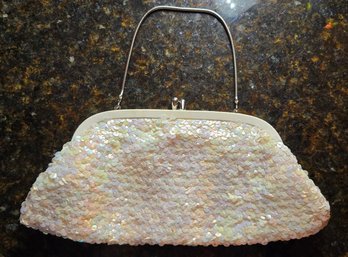 Vintage White Sequin Evening Bag With Silver Charm