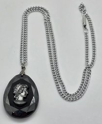 Black Glass Hematite Cameo Mourning Pendant Necklace From Germany