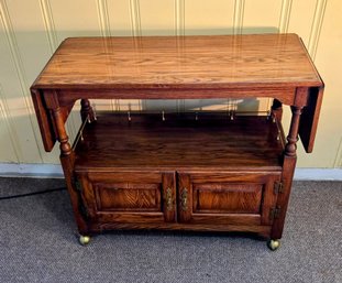 Versatile MCM Rolling Bar Cart/server With Drop Leaf Extensions, Brass Gallery Rail And Casters