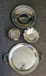 Vintage Silverplate Tableware - 2 Monogrammed Trays, 1 Reed & Barton Lotus Flower Frog