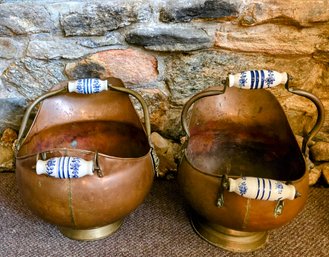 Two Antique Dutch Copper Water Buckets With Ceramic Turned Handles And Lions Head Ormolu Mounts