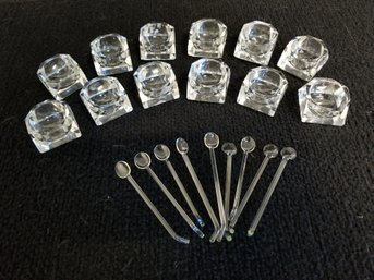 Antique Set Of Delicate Bohemian Cut Glass Salt Cellars With Spoons