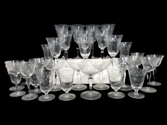 Libbey Glassware Set: Wine, Champagne, Cordial & Port Wine Glasses With Etched Leaf Design