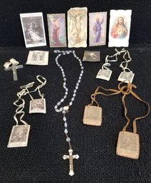 Antique Lot Of Religious Prayer Scapulars, Rosaries & Prayer Cards & Cross