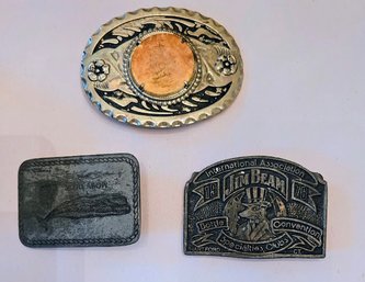 3 Vintage Belt Buckles - Moby Dick, 1976 Commemorative Jim Beam Bottle Convention & Silver With Scrimshaw