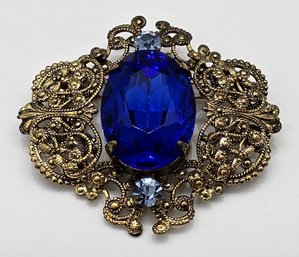 Czech Blue Rhinestone Brass Filigree Brooch