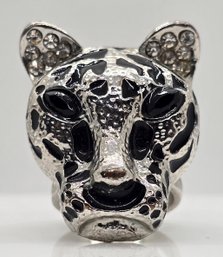 Black Enamel & Rhinestones Tigers Head Ring