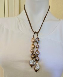 Gorgeous Shimmery Baroque Pearl Lariat Necklace On Leather Cord