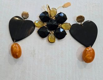 Vintage Faceted Jeweled Pendant And Heart Shaped Earrings - With Amber, Agate, Onyx Stones (?)