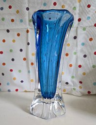 Signed Cobalt To Clear Art Glass Vase