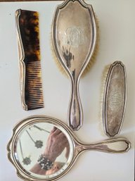 Vintage STERLING Vanity Grooming Set With Hand Mirror, 2 Natural Bristle Brushes And Tortoise Shell Comb