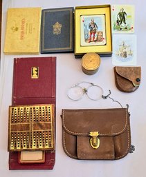 Vintage Collection Of Historical Playing Cards, Leather Travel Pouches, Magnifiers & Drueke Mini Backgammon