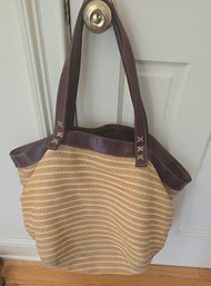 Paul Stuart New York - Large Boho Chic Natural Woven Tote Bag With Leather Trim, Fully Lined