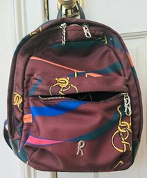 Roberta Di Camerino Burgundy & Multi Patterned Designer Backpack With Canvas Straps