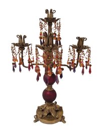 Vintage Ornate Brass 5-candle Candelabra With Red & Amber Prisms