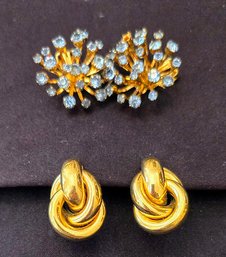 2 Pairs Of Vintage Clip On Earrings - Napier Gold Knot & Starburst With Aquamarine Stones