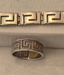 Sterling 925 Embellished Greek Key Band Ring And Sterling Link Bracelet With Greek Key Pattern