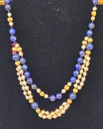 Blue Lapis And Pearl Beaded Festoon Necklace With A 14 Karat Gold Hook Clasp