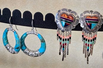 Navajo Sterling Mosaic Heart Dangle Earring With Carnelian, Turquoise, Jasper & Coral With 925 Turquoise Hoops