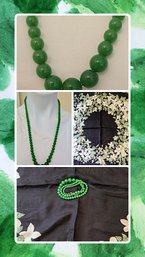 Lovely Accessory Collection With Green Jade Beaded Necklaces And Printed Flower Wreath Silk Scarf